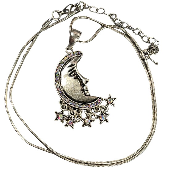 Beautiful moon with multicolored stones & dangly stars necklace on silver chain - Picture 2 of 12